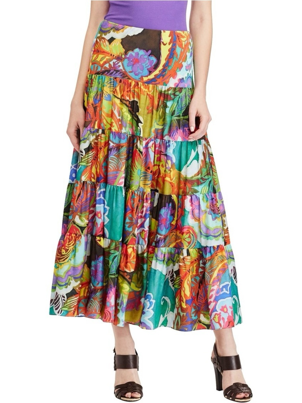 Ralph Lauren Vibrant Multi-Print Tiered Maxi Skirt - Size XL - 003